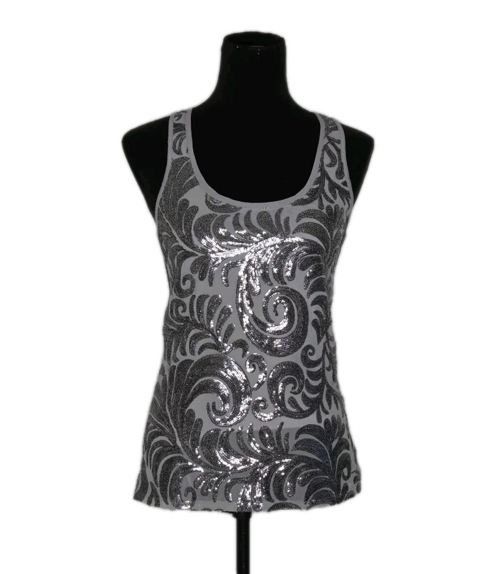 NWT Express Gray Silver Sequin Swirl Tank Top Sleeveless XS Party Club